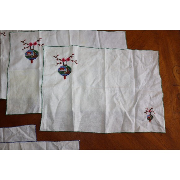 Vtg Cross Stitch Placemats Or Napkins Japanese Cherry Blossom Building 18x12" - Picture 2 of 16